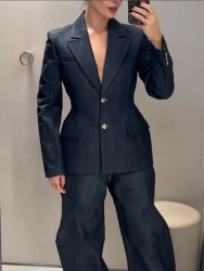 Denim Blazer Coat Tube Top Pants Sets 3 Pieces Women 2025 Spring Notched Button Up Suits Jacket Vest Wide Leg Trousers Suits
