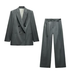 ETJ 2025 TRAF Women's Spring New suit Set with shoulder padded double-breasted blazer & high-waisted pleated wide-legged pants