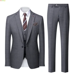 Gray Plaid Mens Suit 3 Pieces, Wedding Party Dress Jacket and Vest with Trousers, Asian Size S-XXXL, Fashion Men Slim Sets