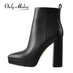 Onlymaker Women Pointed Toe Ankle Boots Black Matte Flock Chunky Heel Platform Booties Party Shoes Large Size Short Boots