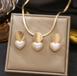 Gold Pearl Heart Jewelry Set - Necklace and Earrings Matching Set with Mother of Pearl Hearts