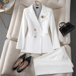 Women's Suit Blazer And Pants 2 Piece White Elegant Pants Sets For Office Lady Casual Jacket Sets Evening Suit For Ladies