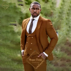 Men Suits Paddy Fashion Brown Peaked Lapel Double Breasted 3-piece Set for Wedding Groom Prom Party Birthday Gifts Custom Tuxedo