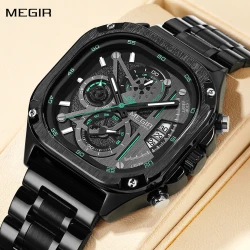 MEGIR Luxury Mens Stainless Steel Watches Fashion Brand Business Quartz Wristwatch Date Luminous Chronograph Casual Clock 2217