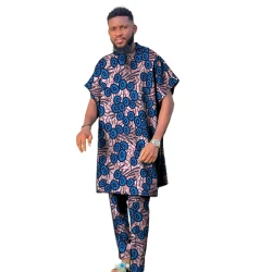 Short Sleeves Men Set Nigerian Style Colorful African Couture Dashiki Tops With Pant Groom Suit Male Traditional Garment