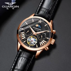 Guanqin brand genuine top brand watch men's mechanical watch fully automatic hollow black technology men's watch