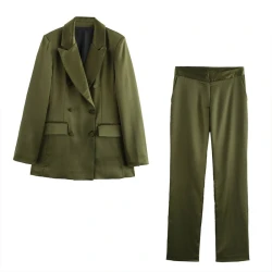 ZBZA Women's Satin Coat Long Sleeve Lapel Pocket Double Breasted Top High Waist Zipper Trousers Spring and Summer New Chic Suit