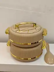 Beige & Gold Two-Tier Bento Box with Spoon