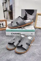 Chanel-Style Grey Leather Slide Sandals