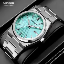 MEGIR Fashion Analog Quartz Watch for Men Steel Strap Dress Waterproof Luminous Wristwatch with Calendar Aquamarine Dial 1086