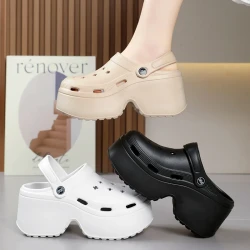 Women's 9CM Thick Sandals Shoes Summer Slippers High Heel Soft Sole Beach Garden Shoes Outdoor Waterproof Women's Hole Shoes