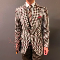 Boutique men's suit wool jacket black-red houndstooth handmade custom dress for daily business meeting wedding cocktail party