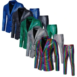Summer New Men Rainbow Plaid Suit 2 Piece Gold / Silver Fashion Male Luxury Dance Party Performance Blazer Jacket and Pants