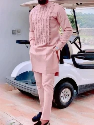 Men's fashion casual geometric print long sleeve two-piece set