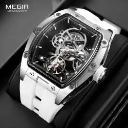 MEGIR Men's Automatic Mechanical Watch with Stainless Steel Case Silicone Band Skeleton Dial Waterproof Sport Wristwatch