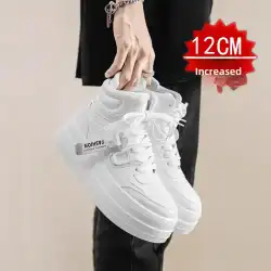 New Autumn/Winter Men's Casual Sneakers 12cm Increased Height 10cm Thick Sole White Shoes High Top Rubber Base Male Footwear