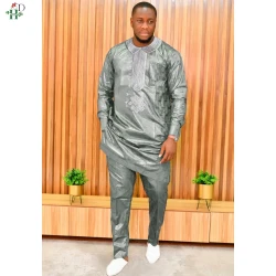 H&D African Clothes For Men Dashiki Top Pant 2 Pieces Outfit Set Riche Grey Embroidery Shirt Trouser Rich Bazin Original Muslim