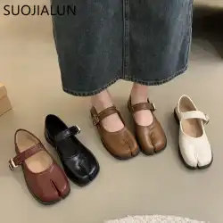 SUOJIALUN Autumn Women Flat Shoes Fashion Split Toe Flat Heel Laofer Shoes Shallow Soft Leather Casual Outdoor Mary Jane Shoes