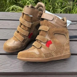 Brand Leather Wedge Sneakers Hook Loop Fastener Hiking Boots Women Thick Sole Platform Height Increasing Shoes Ankle Short Boots